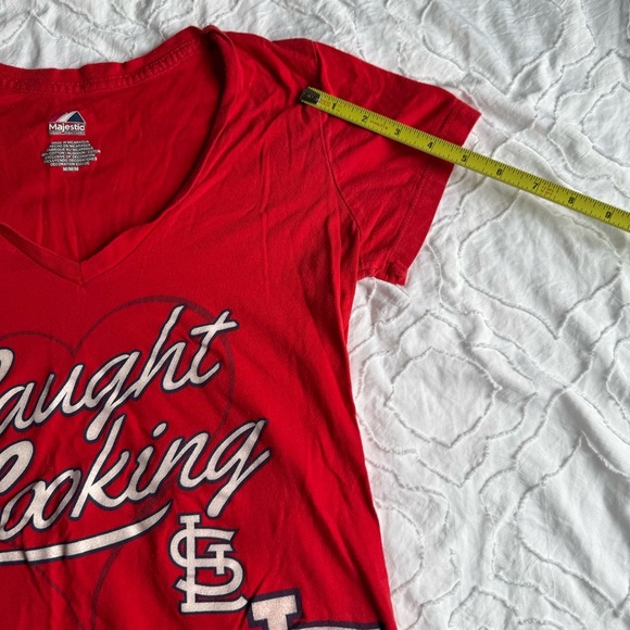 Majestic STL Cardinal Baseball Women's Red Caught Looking Tee V Neck - Picture 5 of 9